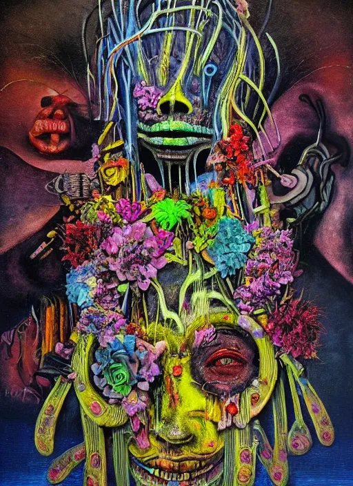 Prompt: “A (surreal) neon painting of a rotting and gruesome shaman, made of flowers, futuristic picasso by hr giger and Vladimir kush and dali and kandinsky, 3d, realistic shading, complimentary colors, vivid neon colors, aesthetically pleasing composition, masterpiece, 4k, 8k, ultra realistic, super realistic”