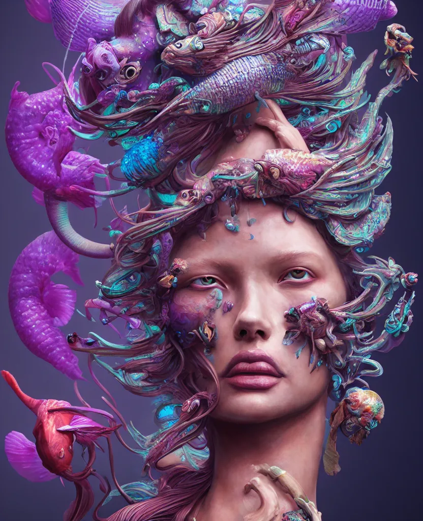 Image similar to goddess full color painted acryllic sculpture close-up portrait. orchid bird phoenix head, nautilus, skull, betta fish, bioluminiscent creatures, intricate artwork by Tooth Wu and wlop and beeple. octane render, trending on artstation, greg rutkowski very coherent symmetrical artwork. cinematic, hyper realism, high detail, octane render, 8k