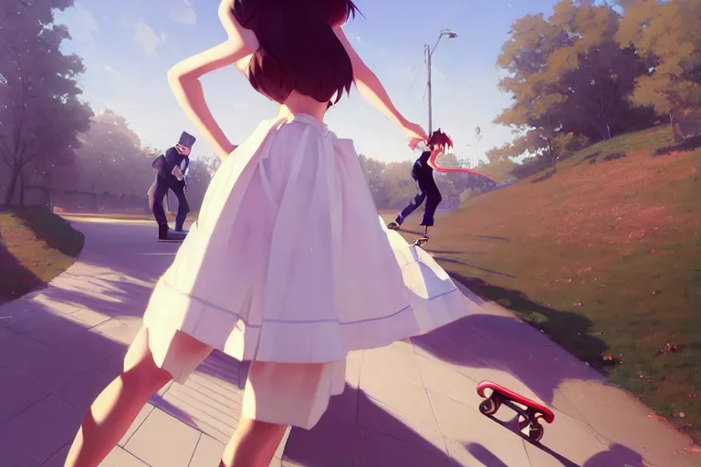 Image similar to A ultradetailed beautiful panting of a stylish woman in a maid outfit skateboarding, Oil painting, by Ilya Kuvshinov, Greg Rutkowski and Makoto Shinkai