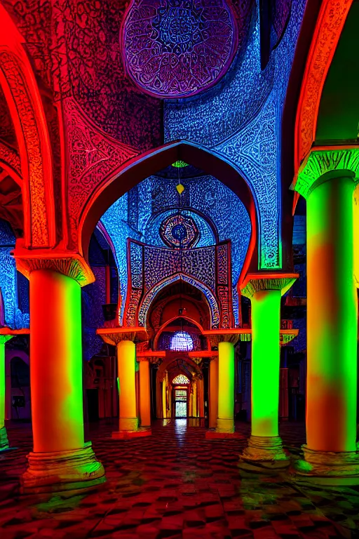 Prompt: neon streets of istanbul mosque, 4 k, award winning photo, cyberpunk style