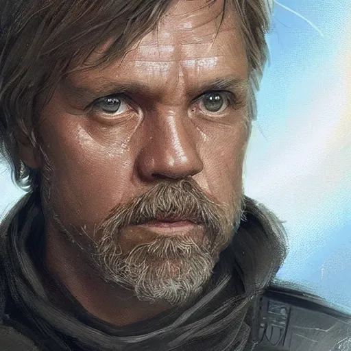 Image similar to portrait of a man by Greg Rutkowski, Commander Luke Skywalker from Star Wars Expanded Universe, he is about 60 years old, beard, wearing tactical gear of the Galactic Alliance, highly detailed portrait, digital painting, artstation, concept art, smooth, sharp foccus ilustration, Artstation HQ