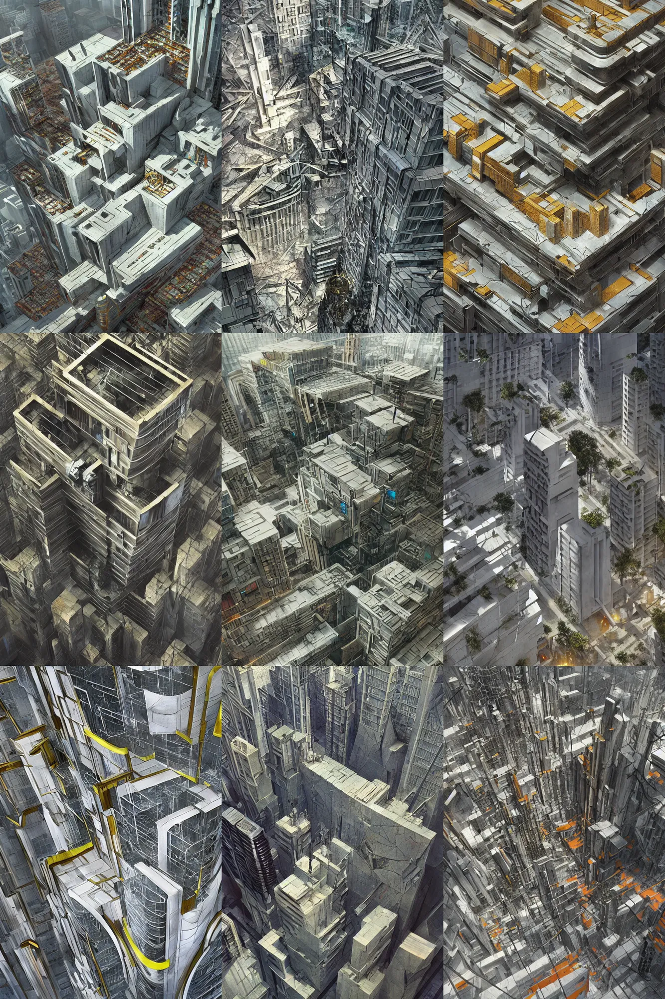 Prompt: alternate universe, soviet style cyberpunk, megalvanized and avant-garde buildings, architect Lebbeus Woods, 1970s, central city square in dense tropics, materials white stone, gold, hardsurface, colorful, ultra detailed symbolism, 4K, trending artstation