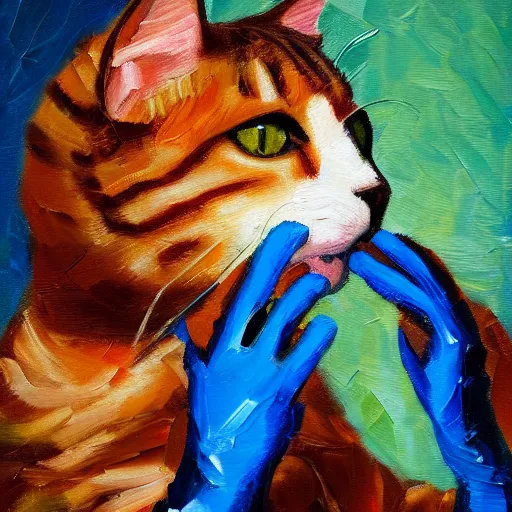 Prompt: palette knife oil painting of a cat wearing a disney gloves