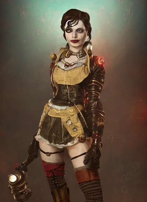 Image similar to bioshock steampunk portrait of harley quinn, au naturel, hyper detailed, digital art, trending in artstation, cinematic lighting, studio quality, smooth render, unreal engine 5 rendered, octane rendered, art style by klimt and nixeu and ian sprigger and wlop and krenz cushart