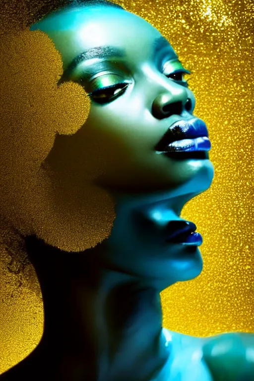 Image similar to hyperrealistic post - futurist cinematic very expressive! profile black oshun goddess, in water! up to shoulders, mirror dripping droplet!, gold flowers, highly detailed face, digital art masterpiece, smooth eric zener cam de leon, dramatic pearlescent turquoise light on one side, low angle uhd 8 k, shallow depth of field