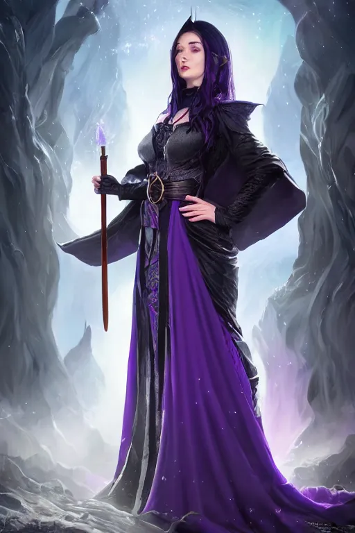 Prompt: Portrait of a Beautiful Sorceress, wearing Black and purple robes, Dark blue hair, magic wooden staff, fully covered, corset, Epic fantasy, romantic lead, pretty face, trending by artstation, artstationhd, artstationhq, matte painting, 8k UHD