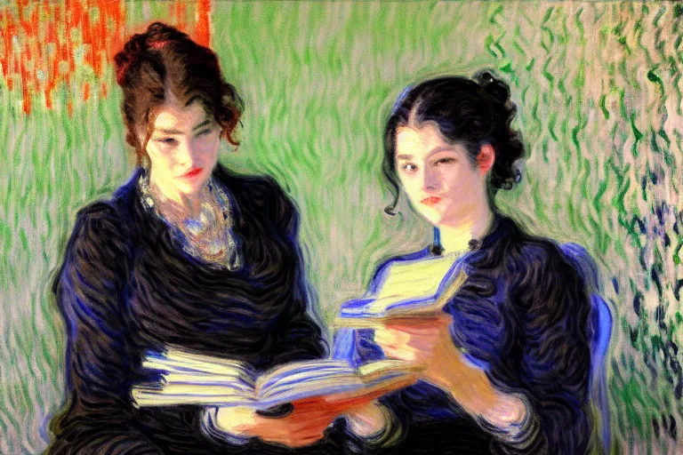 Image similar to portrait of two wise and very beautiful women discussing some texts appearing in a computer screen, art by monet, intricate, elegant, highly detailed, smooth, sharp focus, artstation