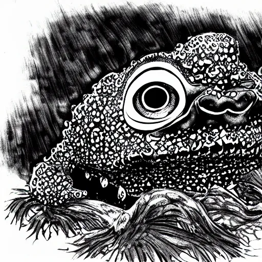 Prompt: deep camouflage angry toad evil eyes poking out eyes from under the water ultra sharp blur background simple background psychedelic contour ink drawing gustave dore katshushika Hokusai big eyes