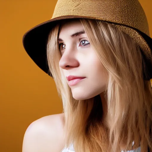 Prompt: portrait of 2 3 - year - old woman with angle lost profile looking away, happy women, cinematic colors, medium yellow blond hair, brown hat, hair comes out of the hat a little, caracter look like tomb raider realistic