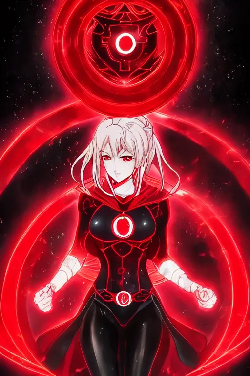 Image similar to anime key visual of a beautiful female red lantern!! intricate, red and black suit, glowing, powers, rage, anger, hate, dc comics, cinematic, stunning, highly detailed, digital painting, artstation, smooth, hard focus, illustration, art by artgerm and greg rutkowski and alphonse mucha