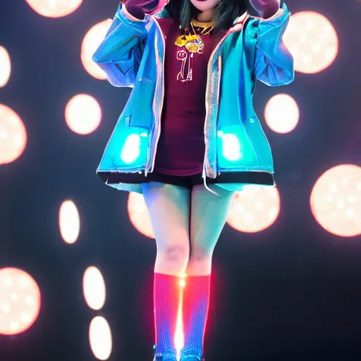 Image similar to chiaki nanami, a japanese girl with light hair in a bob that curls outward, a galaga hairpin, a dark turquoise hoodie, and a kind face stars in a broadway show, chiaki nanami from danganronpa, proshot getty images fullbody stage lights, gamer themed, professional photography