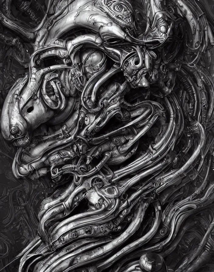 Image similar to engineer prometheus face, xenomorph alien face, highly detailed, symmetrical long head, smooth marble surfaces, detailed ink illustration, raiden metal gear, cinematic smooth stone, deep aesthetic, concept art, post process, 4k, carved marble texture and silk cloth, latex skin, highly ornate intricate details, prometheus, evil, moody lighting, hr geiger, hayao miyazaki, indsutrial Steampunk