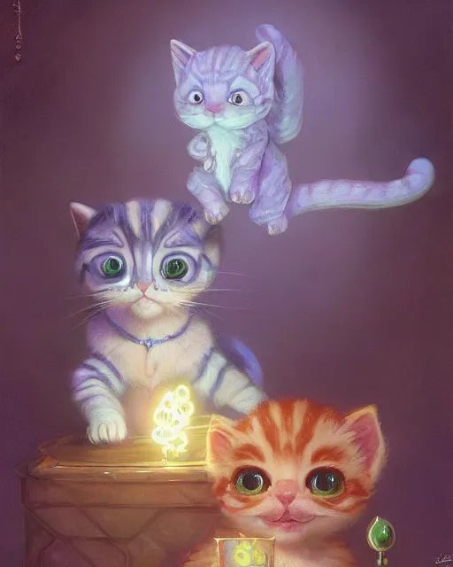 Image similar to an adorable kitten learning magic | highly detailed | very intricate | symmetrical | fantasy and whimsical and magical | soft cinematic lighting | disney pixar | award - winning | painted by donato giancola and paul lehr and ross tran | pastel color palette | featured on artstation