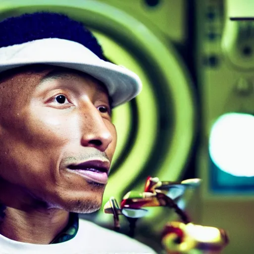 Image similar to cinematic film still of Pharrell Williams Making A Beat with an anthropomorphic alien, Japanese VFX, 2018, 400mm lens, f1.8, shallow depth of field,film photography