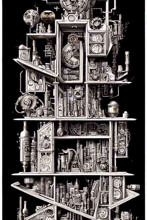 Image similar to a majestic steampunk alchemists bookshelf, two point perspective, furniture, high details, bold line art, by vincent di fate and joe fenton, inking, etching, screen print, masterpiece, trending on artstation, sharp, high contrast, hyper - detailed,, hd, 4 k, 8 k