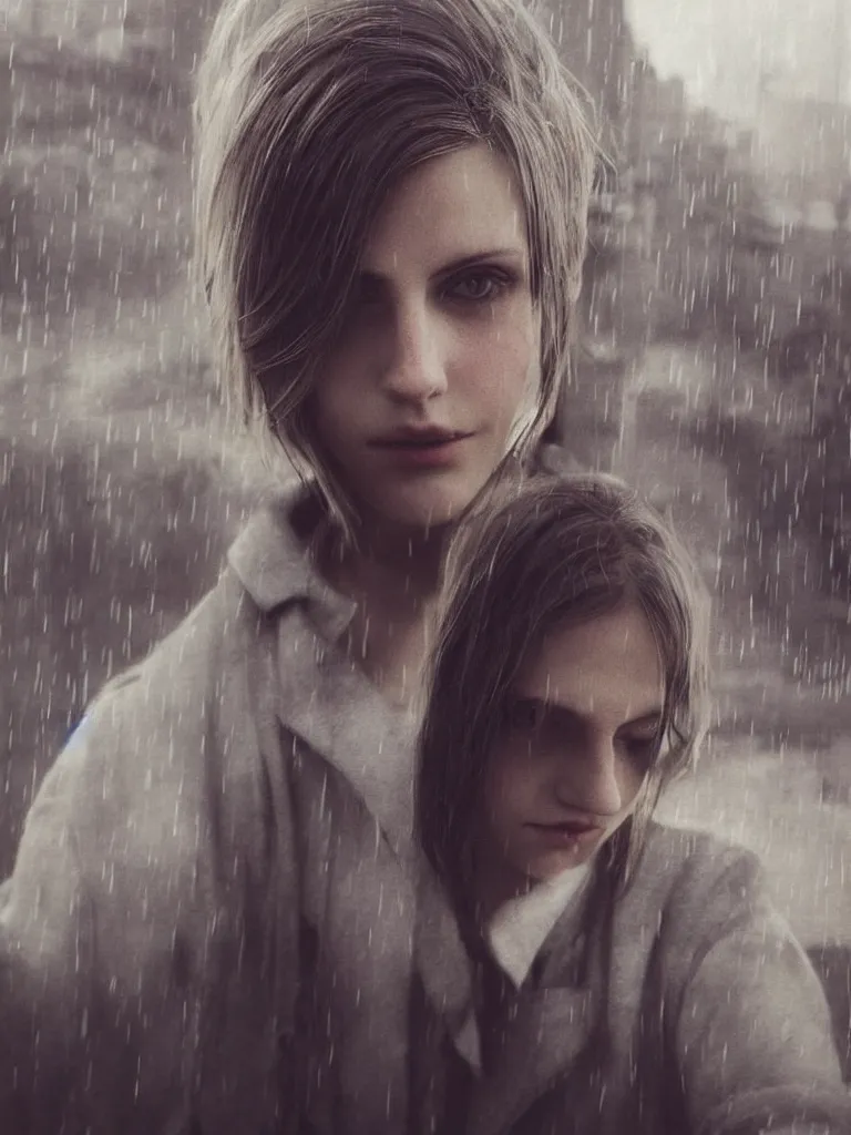 Prompt: cute annie leonhart taking a selfie in dunwall city, beautiful face, detailed face, natural lighting, rainy weather, volumetric light, gothic architecture, natural reflections, model agency, instagram photo, depression atmosphere, shot on iphone 1 3 pro, natural beauty, postprocessing