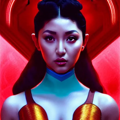 Image similar to nadine lustre as darna, volumetric lights, red and cyan theme, art nouveau botanicals, intricate, highly detailed, digital painting, artstation, concept art, smooth, sharp focus, cinematic, illustration, beautiful face, art by artgerm and greg rutkowski and alphonse mucha