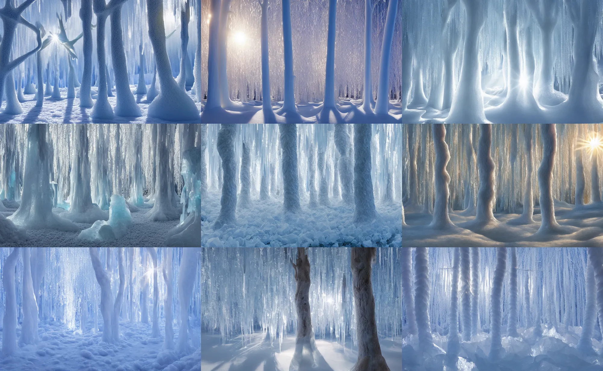 Prompt: sunlight illuminating a magnificent beautiful delicate ice sculpture tree forest, light shining through the trees made out of ice, artwork by gerald brom, 4 k, masterpiece