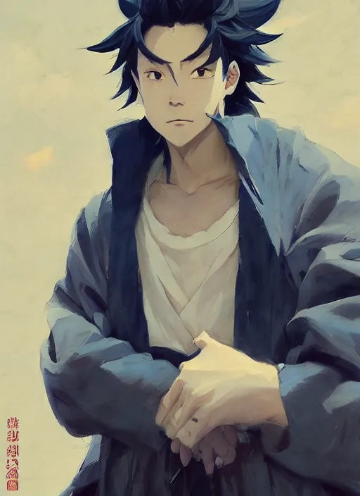 Image similar to portrait of Tanjiro Kamado from Demon Slayer Anime, countryside, calm, fantasy character portrait, dynamic pose, above view, sunny day, thunder clouds in the sky, artwork by Jeremy Lipkin and Giuseppe Dangelico Pino and Michael Garmash and Rob Rey, very coherent asymmetrical artwork, sharp edges, perfect face, simple form, 100mm