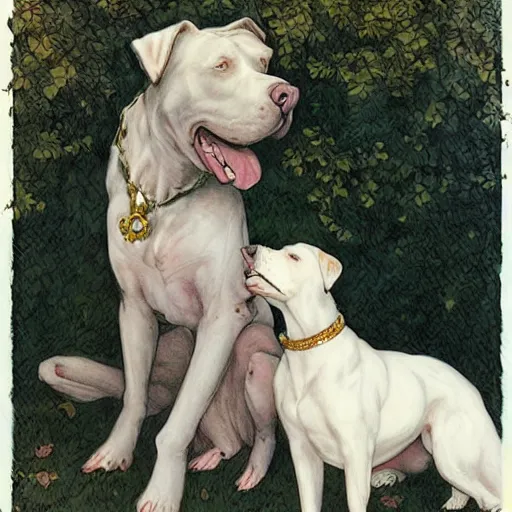 Image similar to pretty girl with curly blonde hair pets a white pitbull sitting next to her, painting by rebecca guay