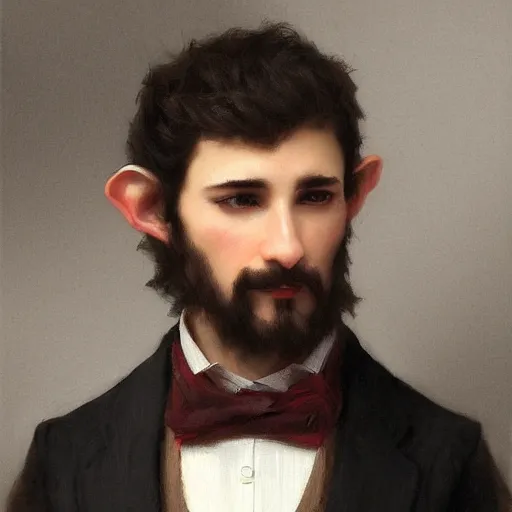 Prompt: detailed portrait painting of gentleman elf wearing brown tuxedo by William-Adolphe Bouguereau, fantasy, artstation, deviantart, dungeons & Dragons, RPG