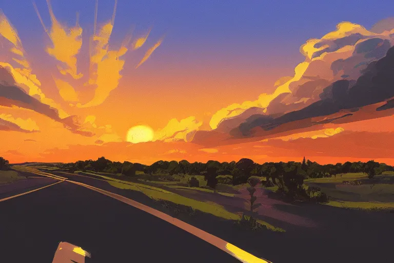 Image similar to country roadside sunset sky clouds illustration by syd mead artstation 4 k graphic novel concept art matte painting