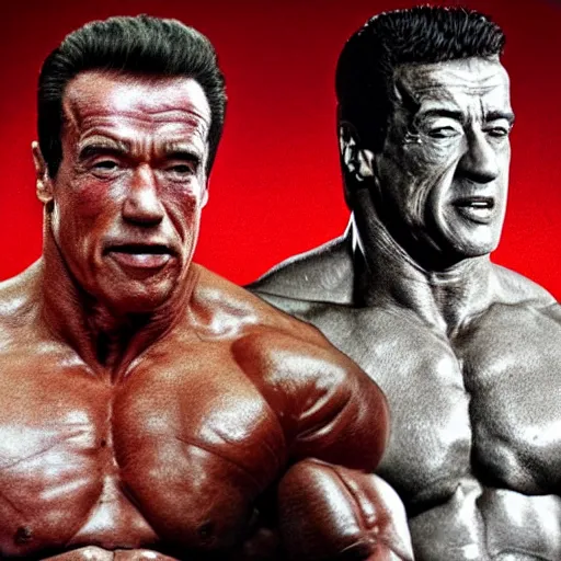 Prompt: Arnold Schwarzenegger and Sylvester Stallone in an UFC fight in octagon, artstation hall of fame gallery, editors choice, #1 digital painting of all time, most beautiful image ever created, emotionally evocative, greatest art ever made, lifetime achievement magnum opus masterpiece, the most amazing breathtaking image with the deepest message ever painted, a thing of beauty beyond imagination or words, 4k, highly detailed, cinematic lighting