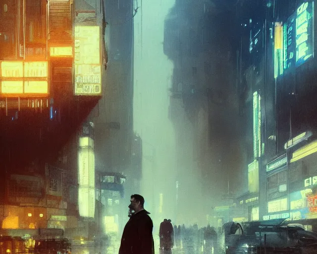 Image similar to 2 0 1 8 blade runner movie still man look at the cityscape from roof perfect face fine realistic face pretty face neon puffy jacket blue futuristic sci - fi elegant by denis villeneuve tom anders zorn hans dragan bibin thoma greg rutkowski ismail inceoglu illustrated sand storm alphonse mucha