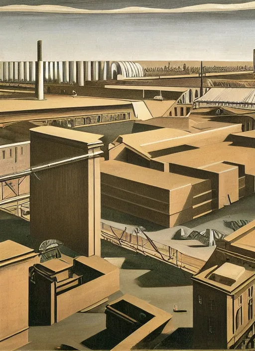 Prompt: a painting by giorgio de chirico of an elongated industrial warehouse that extends through the city containing a park inside designed by oma