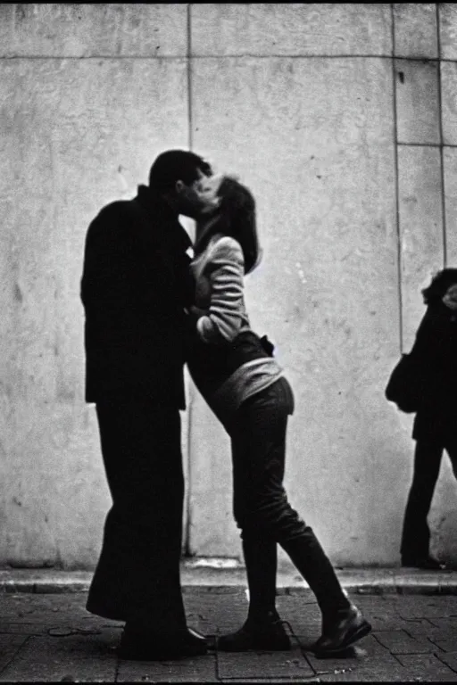 Image similar to street photo, couple of man and woman kiss on the background of the war, film photography, exposed b & w photography, christopher morris photography, bruce davidson photography, peter marlow photography