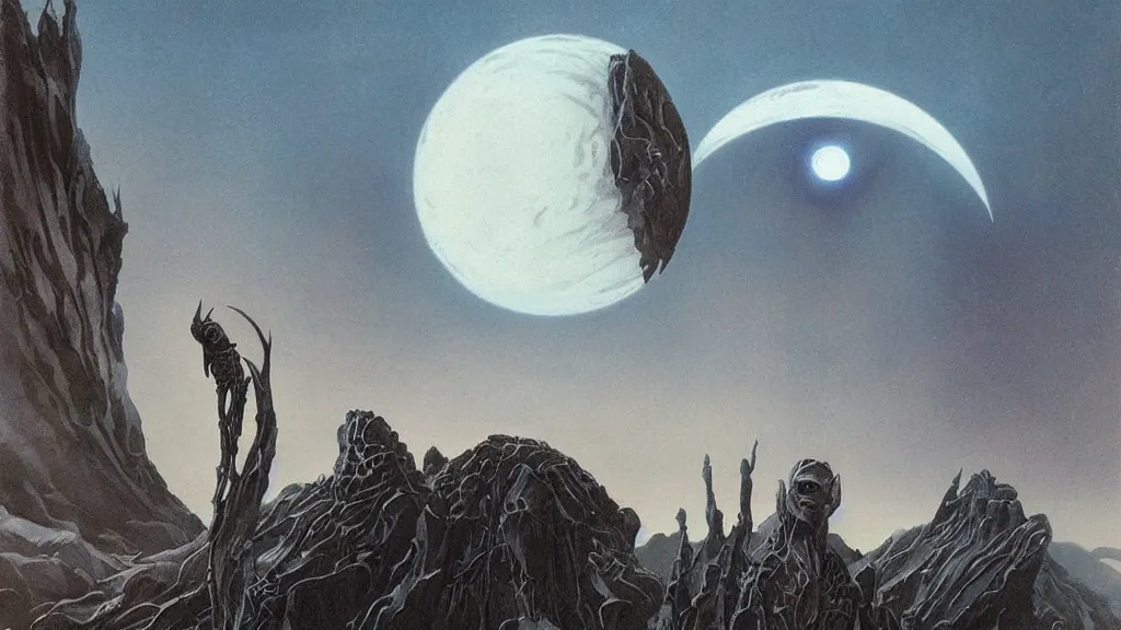 Image similar to eerie atmospheric evolving alien planet by gerald brom and vincent di fate, epic cinematic matte painting