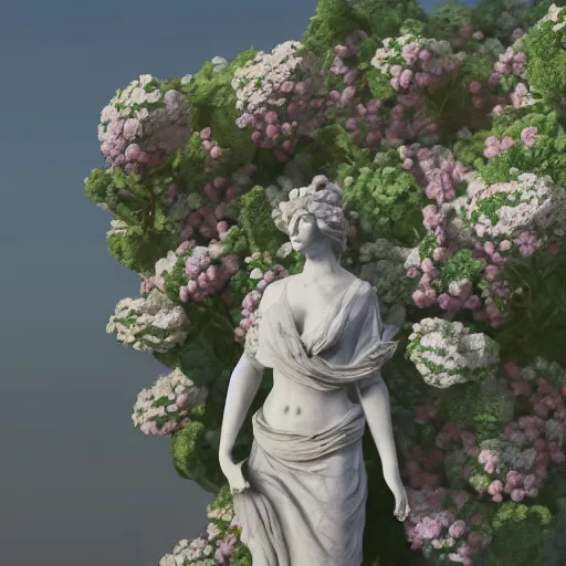 Image similar to a marble statue covered in flowers, full frame, cinematic light , unreal engine,