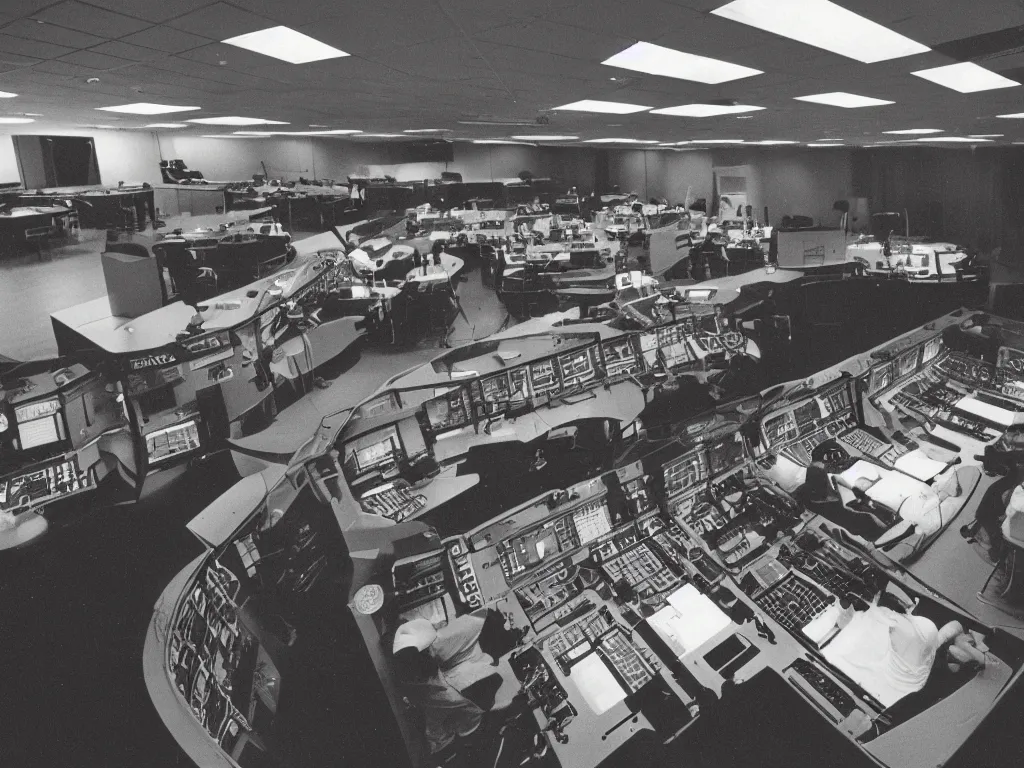 Prompt: 1970s NASA mission control, realistic lighting, concept art, moody ambient lighting