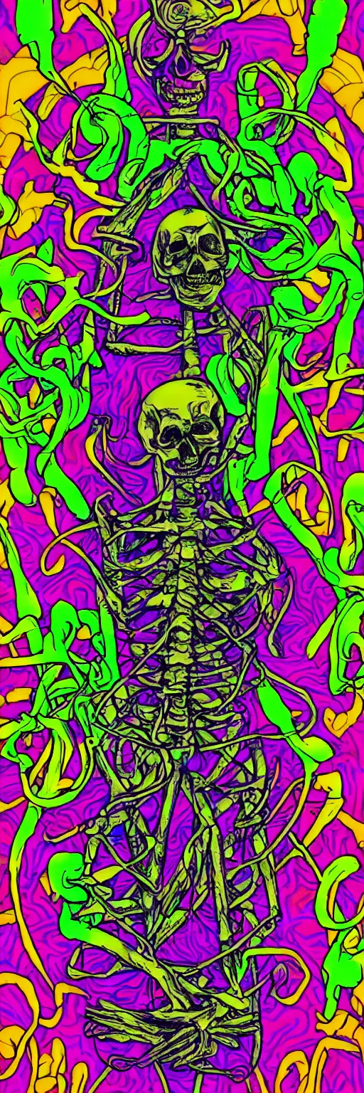 Image similar to vaporwave skeleton with psychedelic background