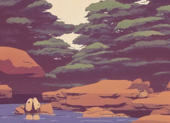 Image similar to pleasing appealing smooth flat rocky environment sunningrocks by the river's shore, forest clearing, still placid environment matte painting from studio ghibli and the fox and the hound ( 1 9 8 1 )