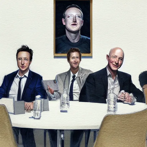 Image similar to portrait of elon musk, mark zuckerberg, jeff bezos, in meeting together, same table, very detailed, art contest winner on behance, trendy on deviant art, by by artgem, greg rutkowski, makoto shinkai