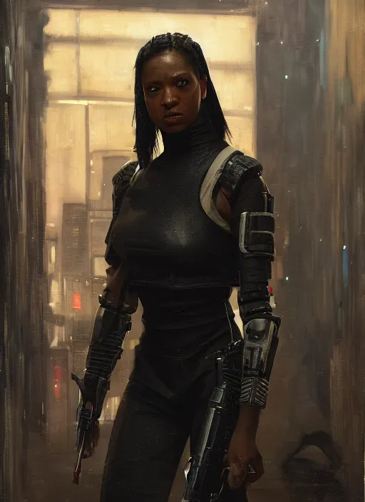 Image similar to Maria Igwe. female Cyberpunk samurai wearing military vest walking through nightclub (blade runner 2049, cyberpunk 2077). Orientalist portrait by john william waterhouse and James Gurney and Theodore Ralli and Nasreddine Dinet, oil on canvas. Cinematic, hyper realism, realistic proportions, dramatic lighting, high detail 4k