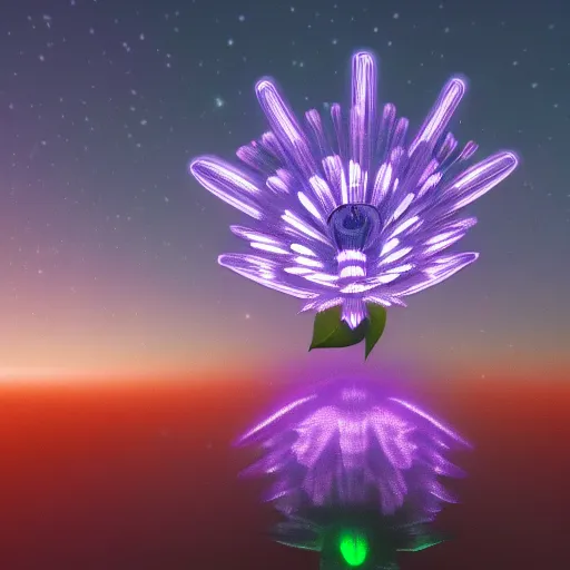 Prompt: bioluiniscent flower blooming at twilight, glow, wide-angle lens, astral, beautiful, intricate, noctilucent, landscape, glowing neon, unreal engine