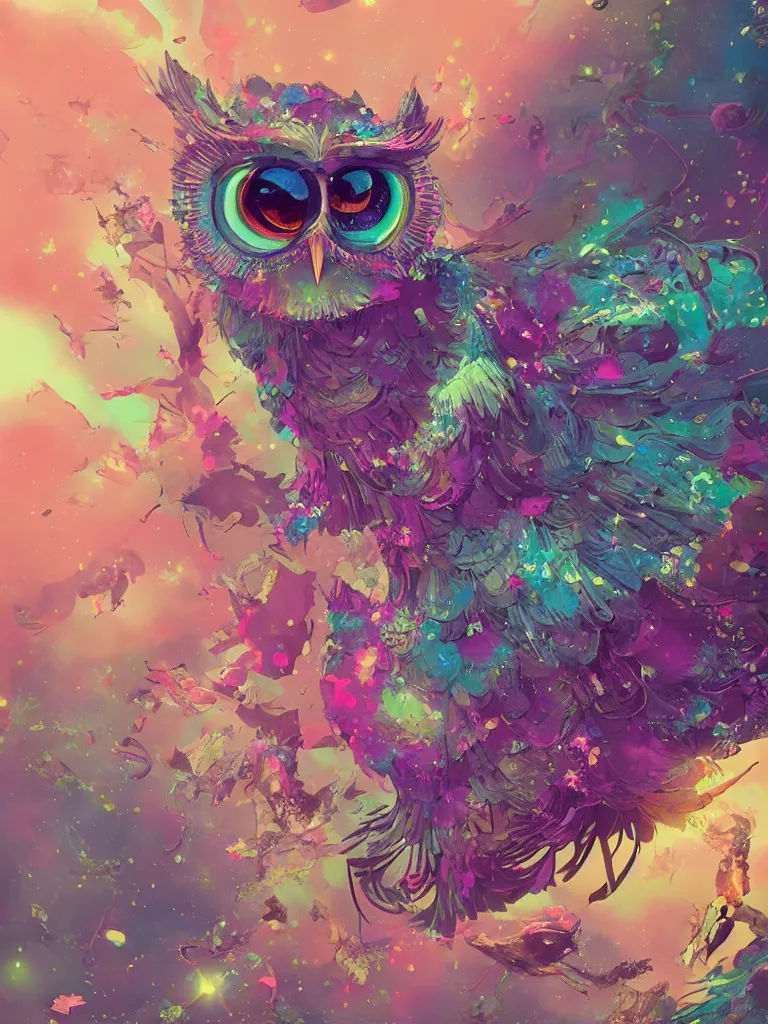 Image similar to a dreamy otherworldly 3 d render of wise owl, pixiv fanbox, dramatic lighting, maximalist pastel color palette, splatter paint, pixar and disney exploded - view drawing, graphic novel by fiona staples and dustin nguyen, peter elson, alan bean, wangechi mutu, clean cel shaded vector art, trending on artstation