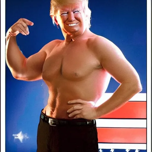 Image similar to hyper realistic photo of donald trump as a playboy model, proportional body