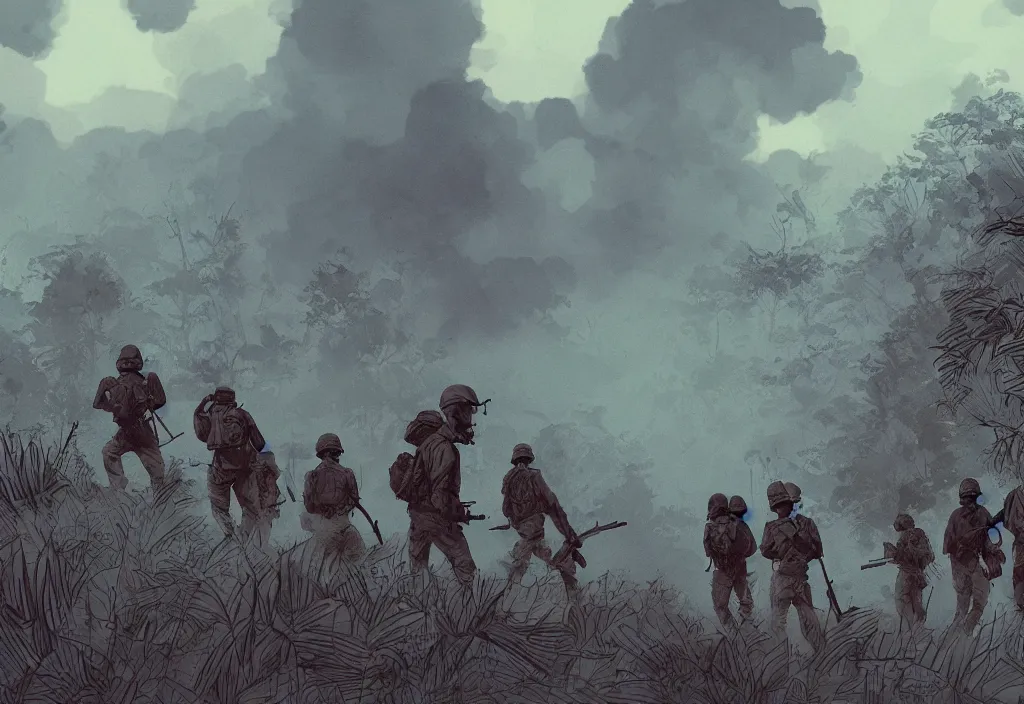 Image similar to handmade illustration of an epic Vietnam war scene with a few american soldiers walking, the jungle at the background, some smoke and fire, blue sky with dramatic clouds, line art, ink, watercolor by Kilian Eng and by Jake Parker, heavy brushstrokes, winning-award masterpiece, fantastic, octane render, 8K HD Resolution, High quality image