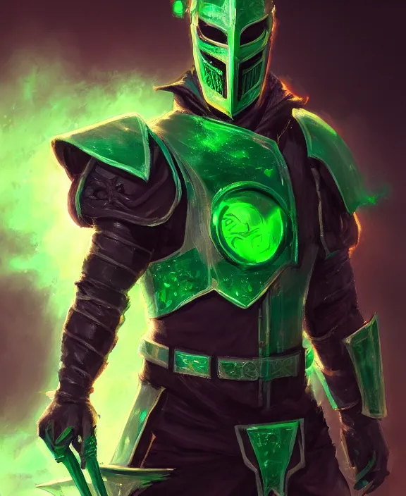 Image similar to masked knight in jade coloured cyberpunk armour alight with green flames, by frank fazetta, trending on artstation, 4 k resolution, detailed, high quality, hq artwork, character concept, character full body portrait