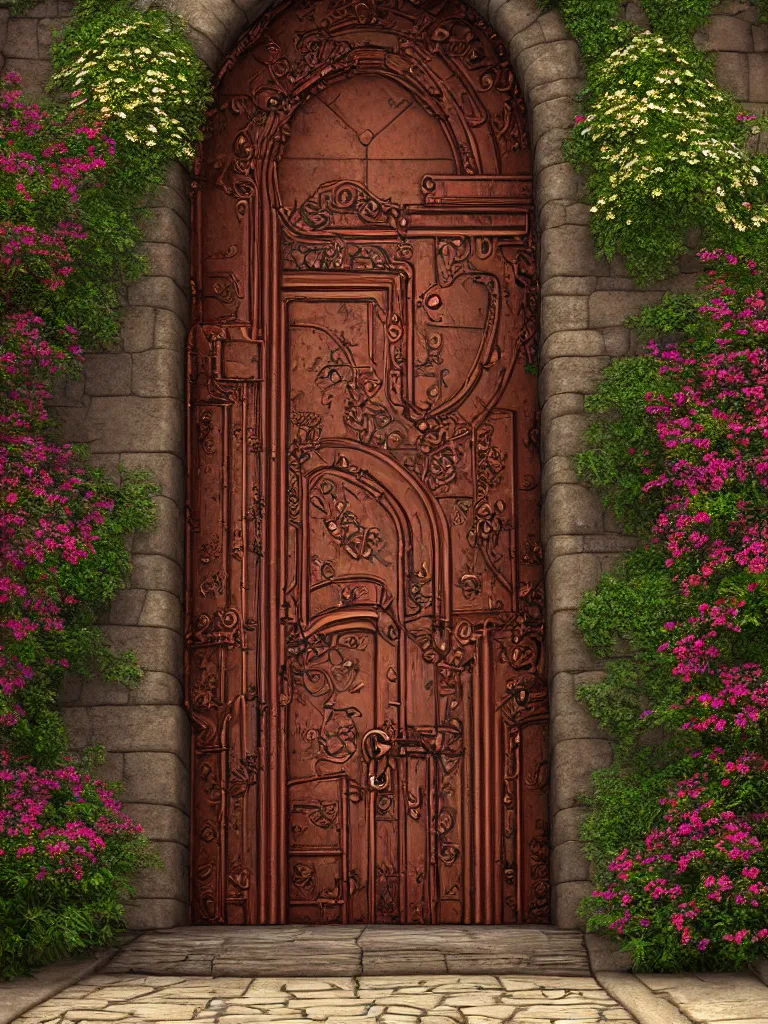 Image similar to HD digital art detailed old copper castle door entrance with flowers and a cobblestone large path outside by James Gurney and Asher brown durand, cgsociety, artstation