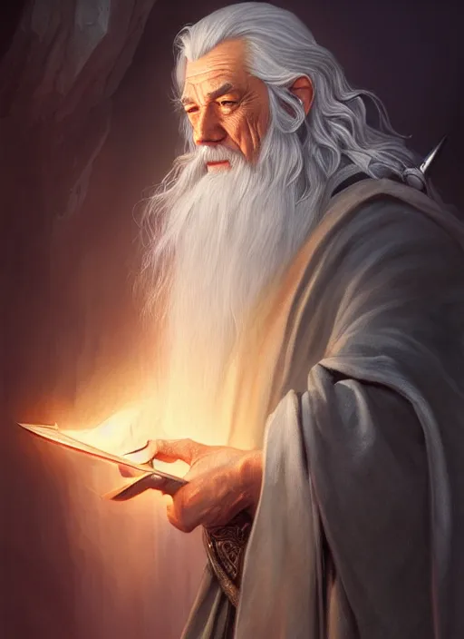 Image similar to gandalf the grey, d & d, fantasy, intricate, elegant, highly detailed, digital painting, artstation, concept art, matte, sharp focus, illustration, hearthstone, art by artgerm and greg rutkowski and alphonse mucha