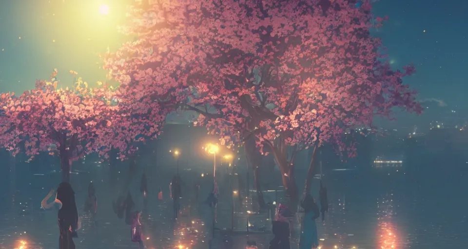 Image similar to Anime picture of night festive Montreux city with blooming sakura and candles on the lake, volumetric lighting, 4k, octane, digital painting, artstation, concept art, sharp focus, illustration, art by Makoto Shinkai and Ilya Kuvshinov
