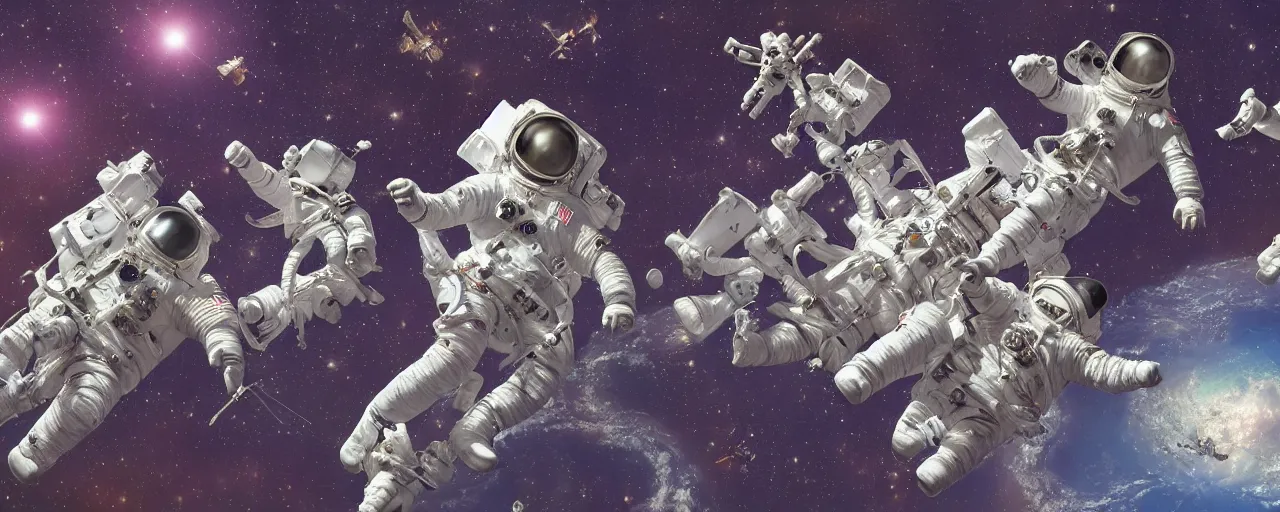 Prompt: hyperdetailed photorealistic elaborate astronauts, seen from the long distance. sci-fi flemish baroque elements. vibrant pastel tones. NASA pic. matte background HD 8x