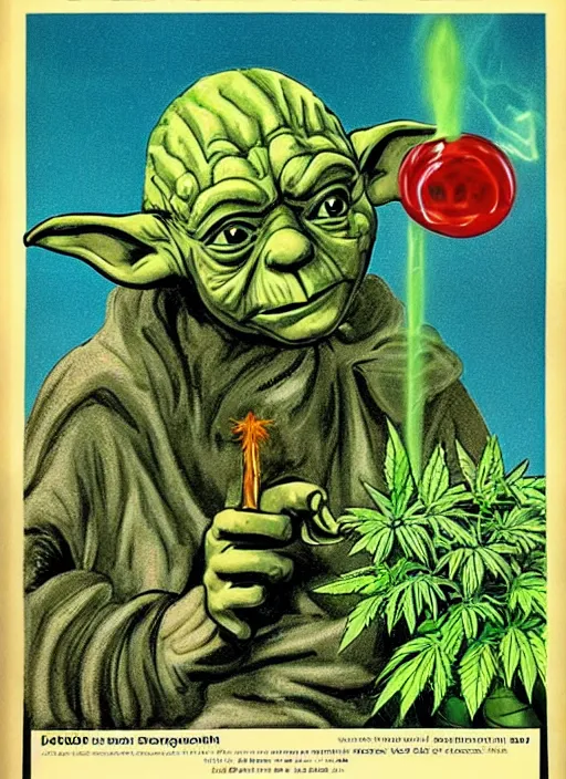 Image similar to vintage tourism poster for dagobah, depicting stoned yoda using force powers to smoke a blunt, surrounded by cannabis plants,