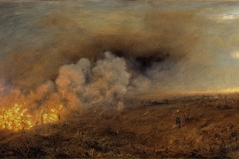 Prompt: american civil war trench battle, huge explosions everywhere, clouds of smoke, in the style of jean - francois millet