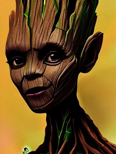 Prompt: groot girl, portrait, digital painting, elegant, beautiful, highly detailed, artstation, concept art