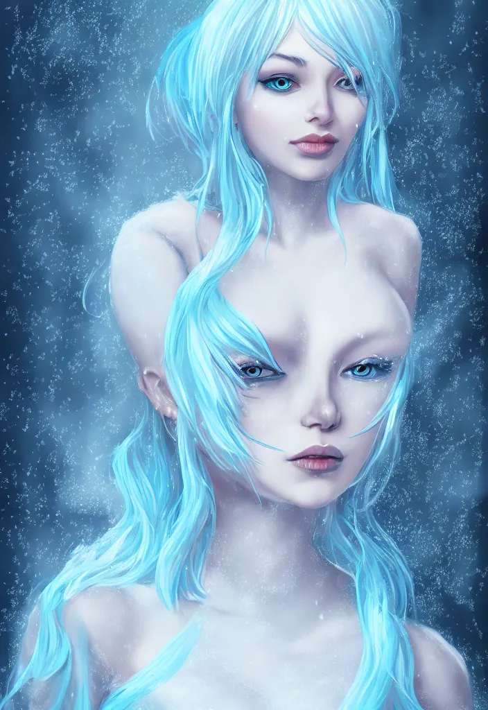 Image similar to full body portrait of a stunningly beautiful woman with pale blue hair wearing a dress made out of snowflake in the middle of a snowstorm. award - winning digital art, trending on artstation